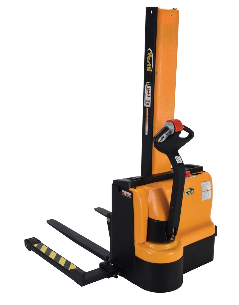 Vestil Steel Narrow Mast Stacker DC Powered - 62 In. Raised Height Adjustable Forks and Support Legs 2,200 lb Black / - Yellow