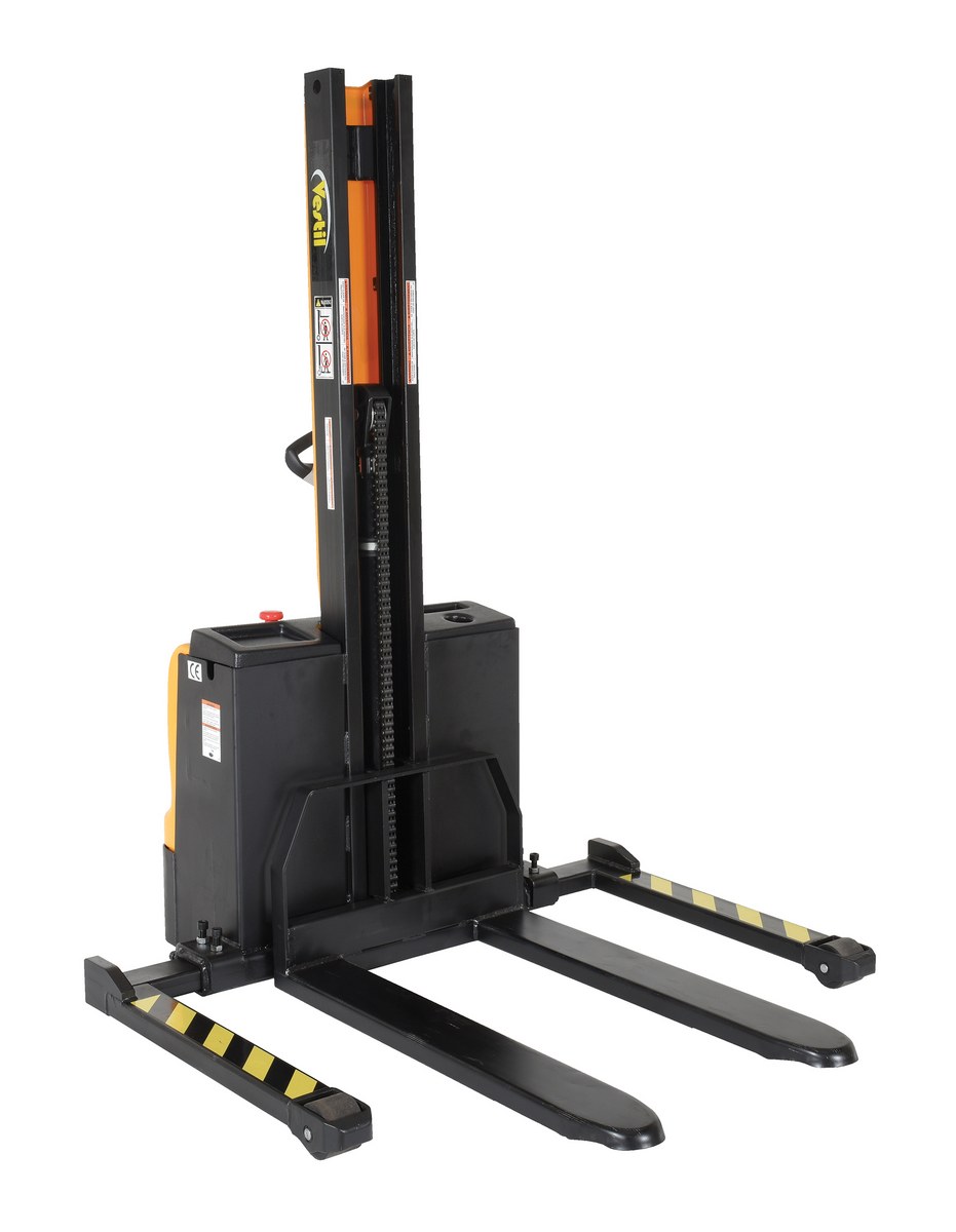 Vestil Steel Narrow Mast Stacker DC Powered - 62 In. Raised Height Fixed Fork Adjustable Support Legs 2,200 lb Black / - Yellow
