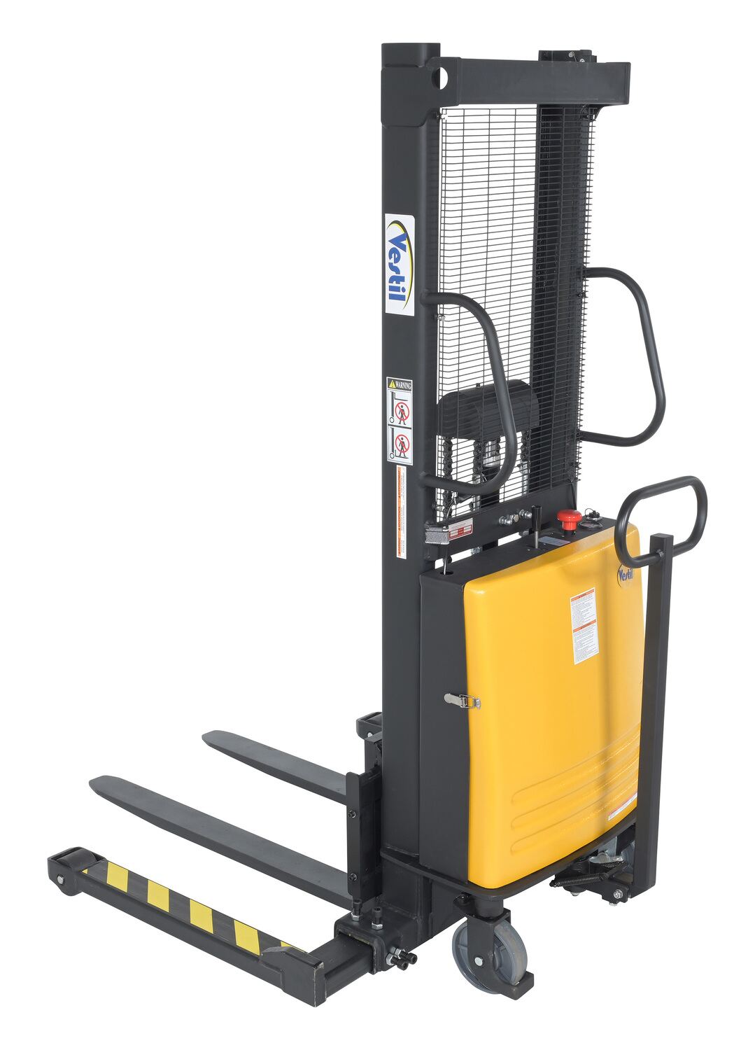 Vestil Steel Adjustable Stacker with Powered Lift - 63 In. Raised Height 2,000 lb - Black/Yellow