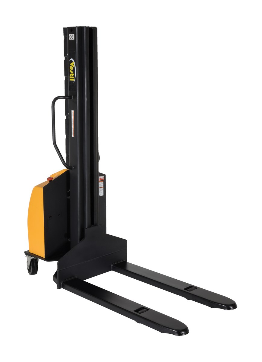 Vestil Steel Narrow Mast Stacker DC Powered - 118 In. Raised Height Fixed Forks 45-1/4 In. Fork Length 1,500 lb - Yellow