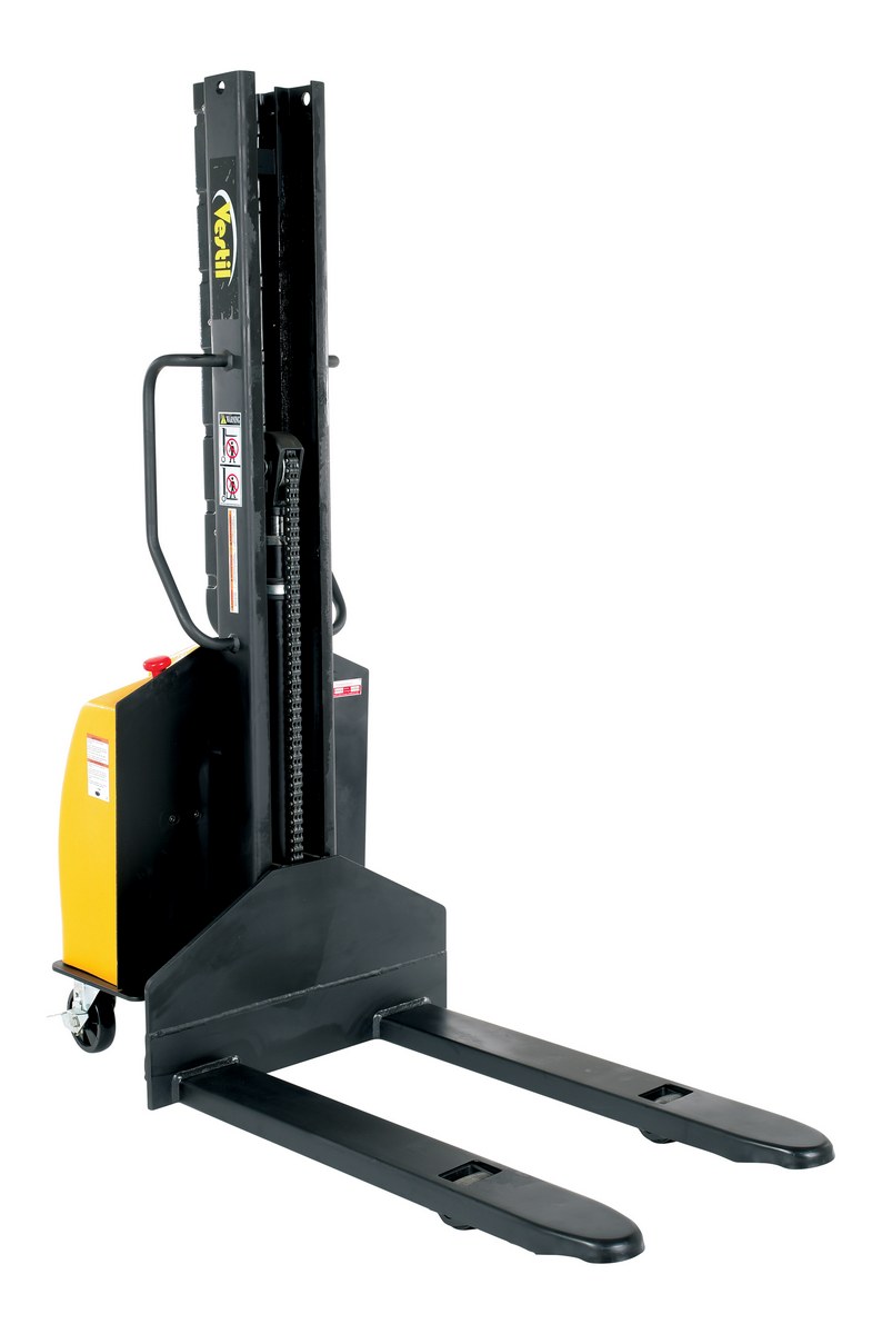 Vestil Steel Narrow Mast Stacker DC Powered - 63 In. Raised Height Fixed Forks 45-1/4 In. Fork Length 1,500 lb - Yellow