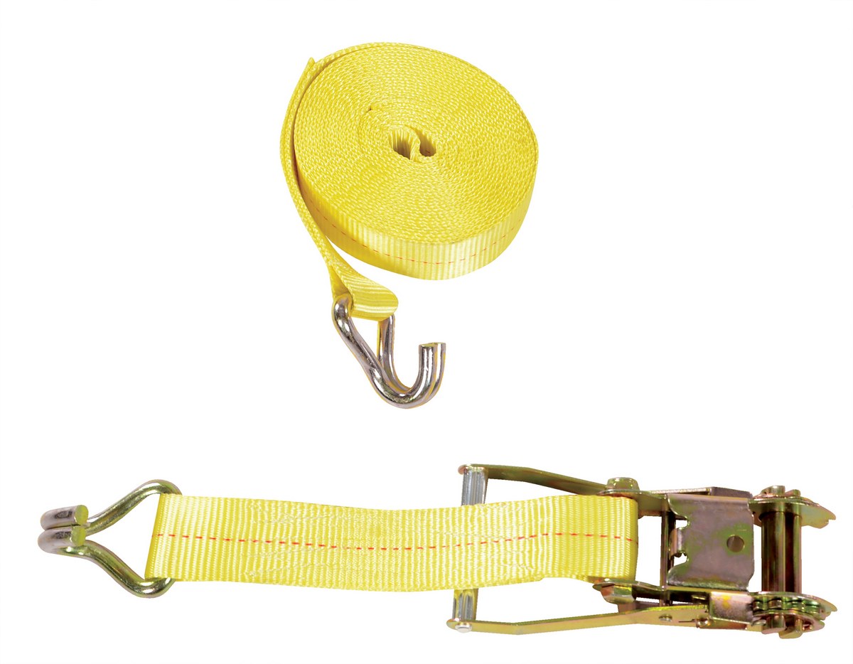 Vestil Polyester Ratcheting Cargo Strap with Rod Hook - 27 Ft. Working Length 3,325 lb Working Load - Yellow