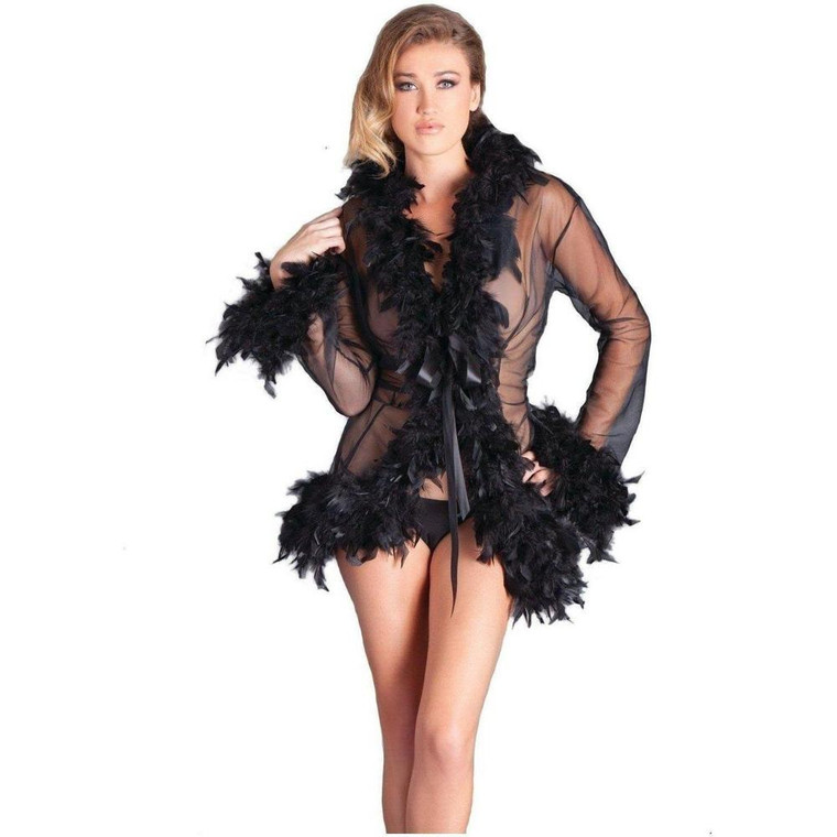 216521 - Knee Length Feather Robe With Ribbon Ties - O/S