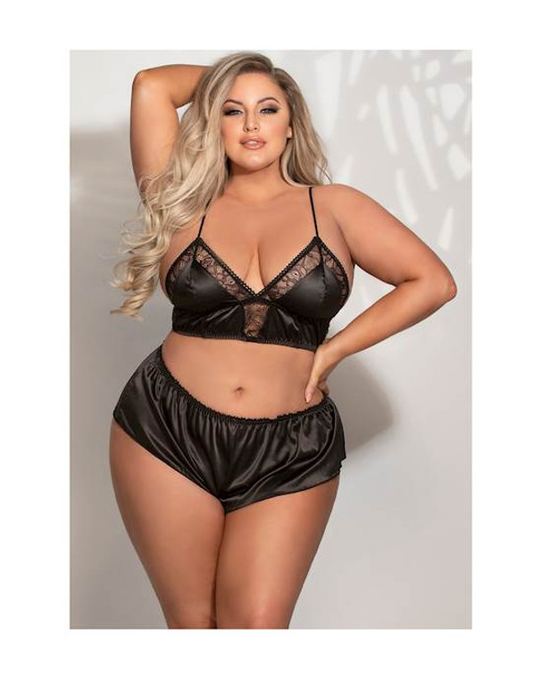 266424 - Two Piece Satin And Lace Long Line Bralette And Tap Short Set STM-11244-Black-XL