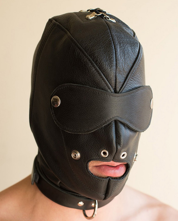 196150 - Premium Leather Hood With Gag &Blindfold