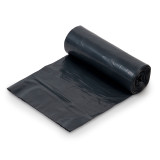 Premium black trash liners in packaging, coreless perforated rolls