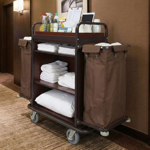 Deluxe High Capacity Metal Housekeeping Cart With Mahogany Panels