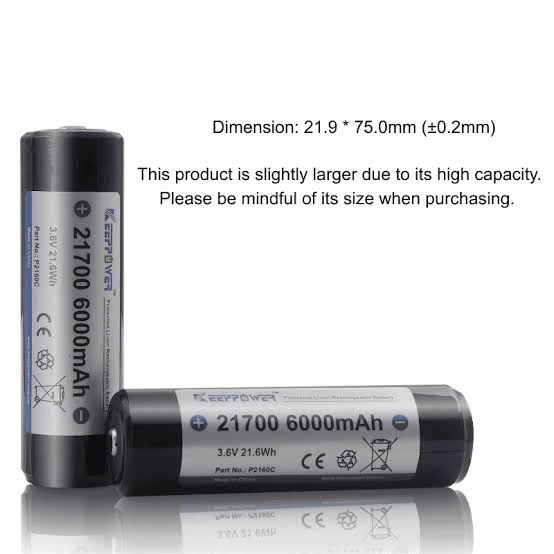 KeepPower 21700 6000mah 3.7v Batteries (pair) | $25.99 per pair