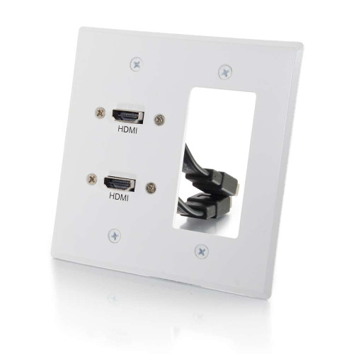 Dual HDMI Pass Through Double Gang Wall Plate with One Decorative Cutout - White
