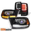 [LED Set]For 09-18 Dodge Ram Black Projector Headlight & Black TailLights Lens