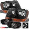 Fits 99-04 Grand Cherokee Amber Black Headlights+Smoke Halo Projector Fog Lights