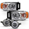 For 2002-2005 Dodge Ram 1500/2500/3500 Chrome Headlights+Halo Projector Fog Lamp