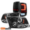 For 2009-18 Ram Dual Halo LED DRL Projector Headlights + LED Tail Lights [Black]
