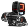 For 2009-18 Ram Dual Halo LED DRL Projector Headlights + LED Tail Lights [Black]