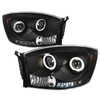 Fits 06-08 Dodge Ram Pickup Truck Black Bezel Dual Halo LED Projector Headlights
