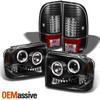 Fit 05-07 F-Series SuperDuty Black Halo LED Projector Headlights + LED Taillight