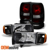 For 1999-2001 Dodge Ram 1500 Sport Black Headlights + Red Smoked Tail Light Pair
