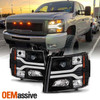 Fits 2007-2013 Chevy Silverado Dual DRL LED Tube Black Projector Headlights