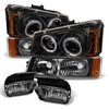 Fit 03-06 Silverado LED Halo Projector Headlights Bumper Lights + OE Fog Lamps