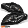 Fit 2006-2008 Audi A4 DRL LED Projector Halogen Type Black Headlights Assembly