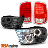 For 13-18 Ram 1500 2500 3500 LED [Halo Projector] Smoked Headlights+Red TailLamp