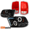 For 13-18 Ram 1500 2500 LED [Halo Projector] Black Smoked Headlight+Red TailLamp