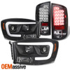 For 06-09 Dodge Ram 1500 2500 3500 Projector Headlights + Black LED Tail Lights