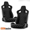 For White Stitche Black Carbon Style PU Leather Reclinable Racing Seat Pair w/Slider