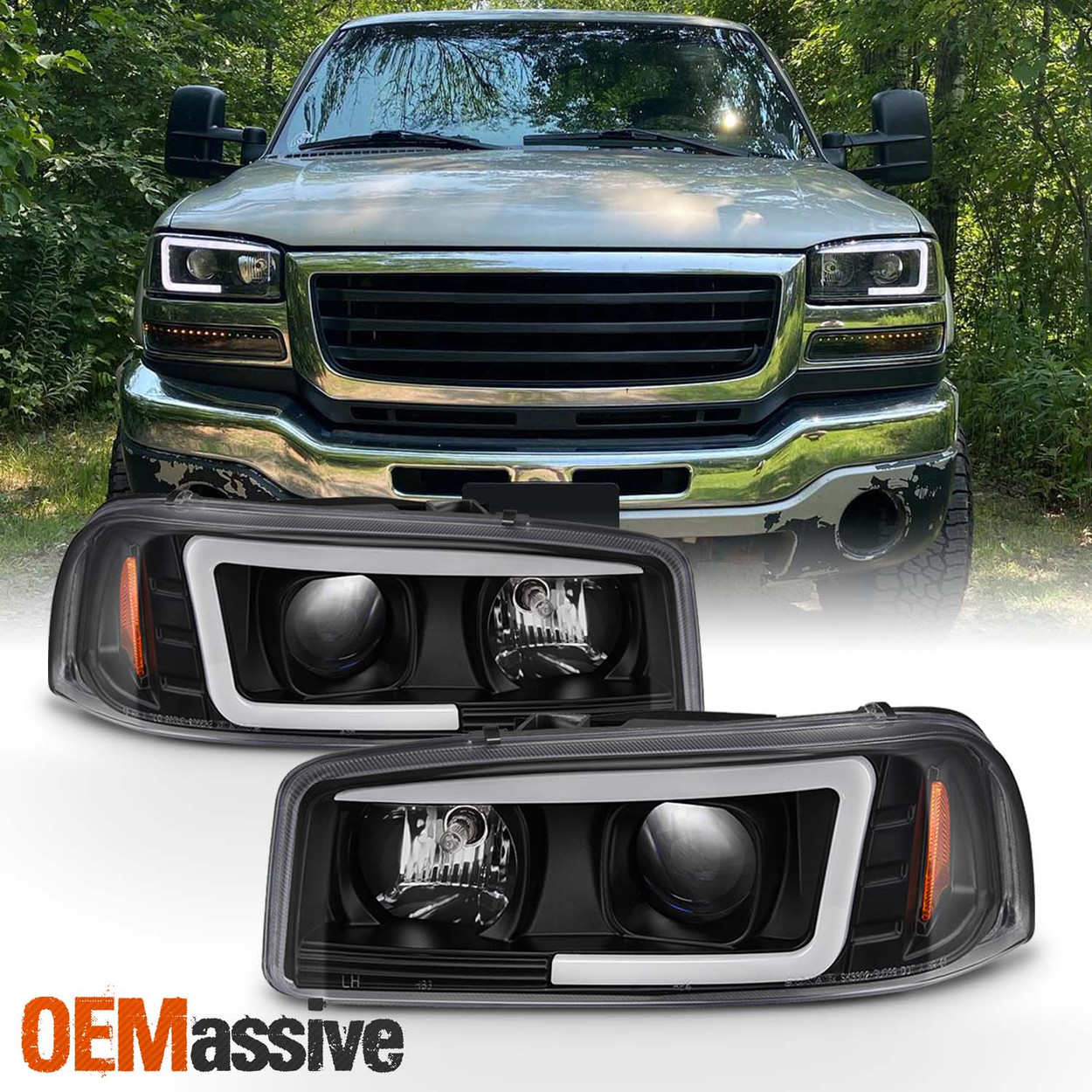 For GMC Sierra 1500/2500/3500 Pickup Black Bezel DRL LED Light Tube Projector Headlights Replacement