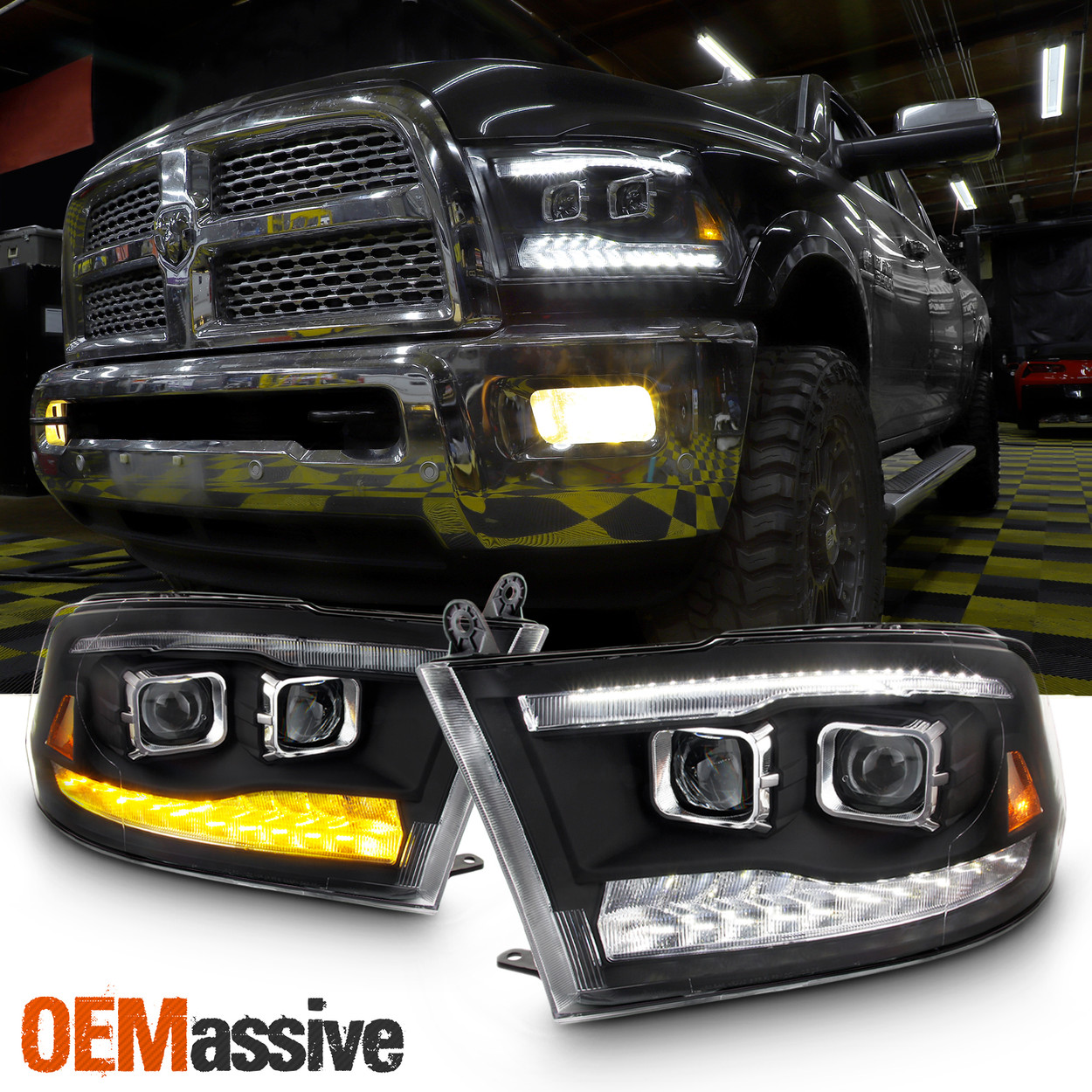 Fit Dodge Ram 09 18 1500 2500 3500 Black Led Drl Dual Projector Headlights Lamps Oemassive