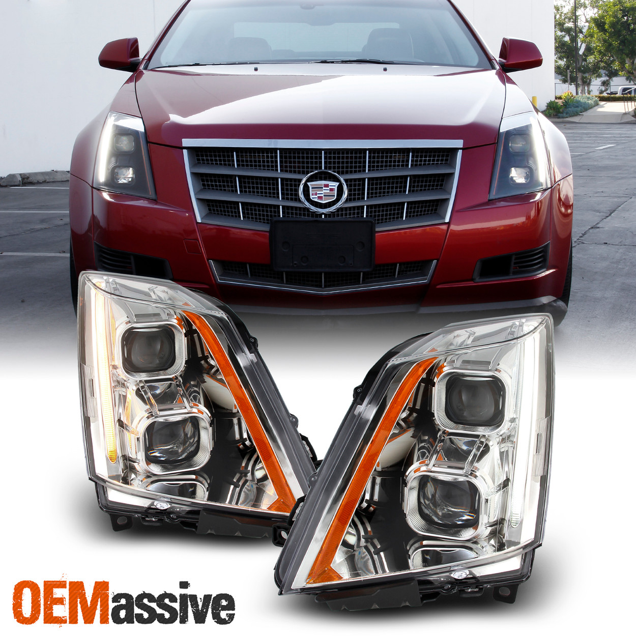 For 08 14 Cadillac Cts Dual Projector Switchback Led Headlights Chrome Housing Oemassive