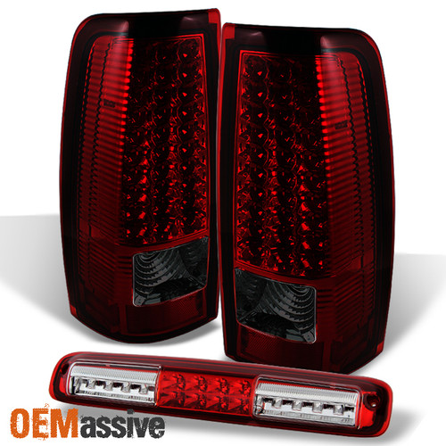 Fit 99-02 Chevy Silverado GMC Sierra Red Smoked LED Tail Lights+3rd Brake Light