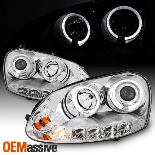 Fits 06-09 Vw GTi Jetta Rabbit Clear Halo Projector DRL LED Strip Headlights Set