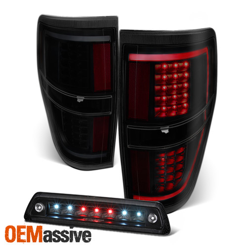 Fits 2009-2014 Ford F150 LED Light Bar Black Smoked Tail Lights+Black 3rd Brake