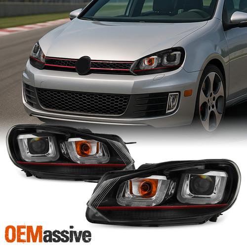 Fits [Red Stripe Edition] 10-14 VW Golf GTI Black LED Tube Projector Headlights