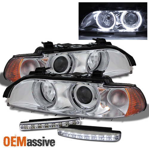 Fits Chrome 97-03 E39 5-Series Halo Projector Headlights Lights + DRL LED Lamps