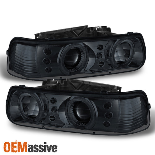 Fits Smoked 99-02 Silverado 00-06 Tahoe Suburban Halo Projector LED Headlights
