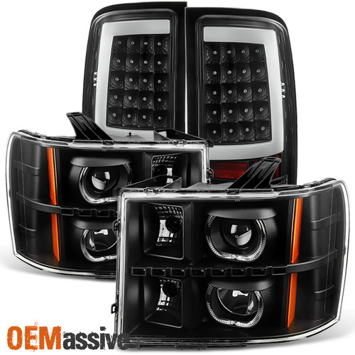 Fit 2007-2013 GMC Sierra Black LED Halo Projector Headlights + LED Tail Lights