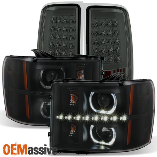 Fit 07-13 GMC Sierra Black Smoked LED Halo Projector Headlights+LED Tail Lights