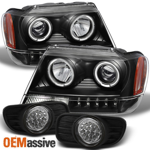 Fits 99-04 Grand Cherokee Black Halo Projector Headlights+LED Fog Lamps W/Switch