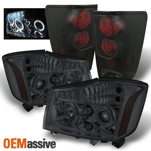 Fits 04-15 Titan Smoke Halo Projector DRL LED Headlights+Black Smoke Tail Lights