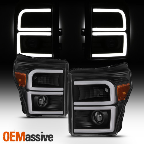 Fits 2011-2016 Ford Super Duty Pickup Black LED DRL Tube Projector Headlights