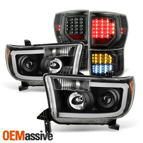 For 07-13 Tundra SMD LED Tube Projector Black Headlights+Blk Full LED Tail Light