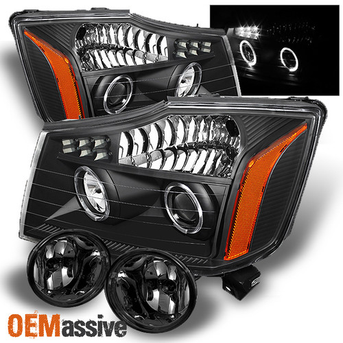 Fits 04-15 Titan 04-07 Armada Black Halo Projector LED Headlights+Smoke Fog Lamp