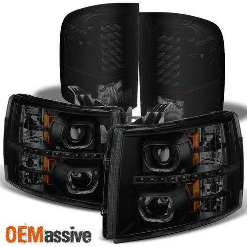 Fit 07-13 Silverado Black Smoked LED Halo Projector Headlights+Tail Lights Lamps