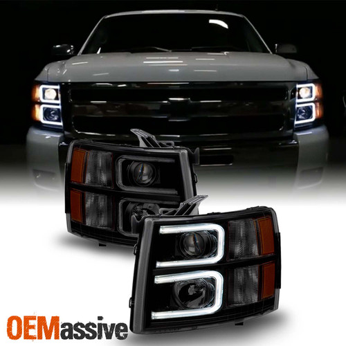 Fit 07-13 Silverado 1500 07-14 2500HD 3500HD Black Smoke LED Projector Headlight