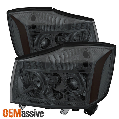 Fits 04-15 Titan 04-07 Armada Smoke Dual Halo Projector DRL LED Strip Headlights