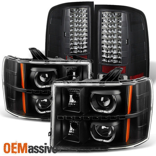Fit Black 07-13 GMC Sierra 1500 2500HD SMD LED Halo Headlights+Tail Lamp