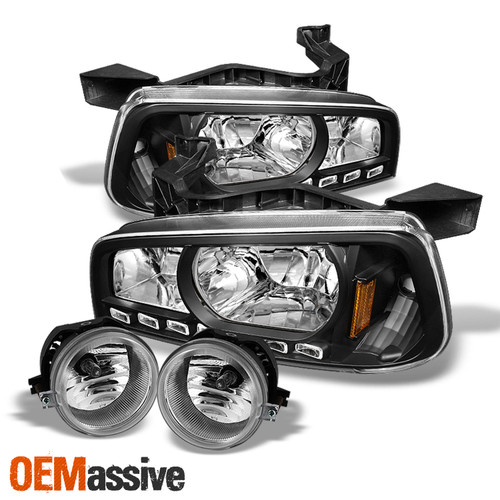 For 2006-2009 Dodge Charger Black LED Headlights + Chrome Fog Lights Pair LH+RH