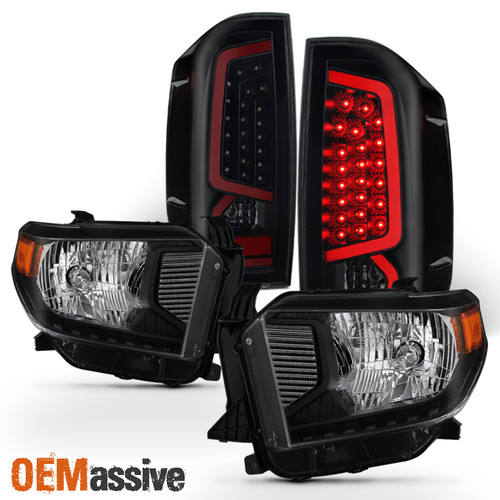 Fits 2014-2021 Toyota Tundra Truck Black Headlights + Black Smoked LED Taillight